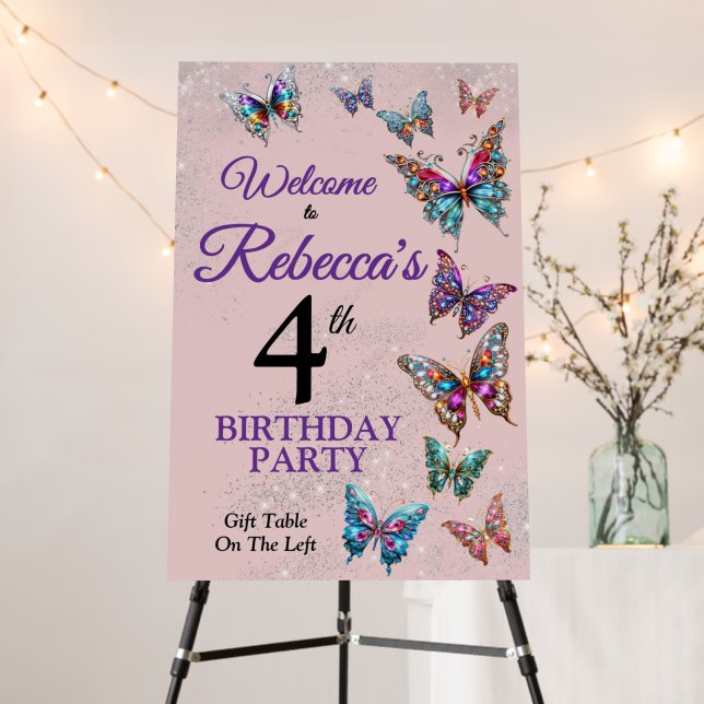 Beautiful Jeweled Butterfly Birthday Welcome Sign (In Situ (Stand))