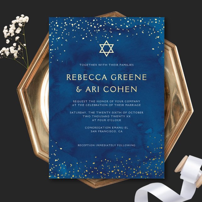 Beautiful Jewish Stary Sky Wedding Dark Blue Gold Foil Invitation (Creator Uploaded)