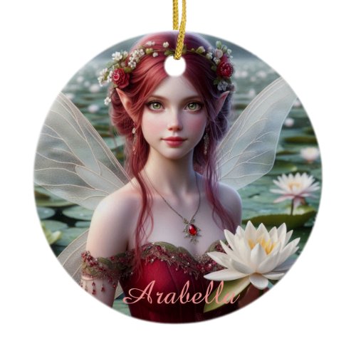 Beautiful July Fairy in Water Lilies Ceramic Ornament