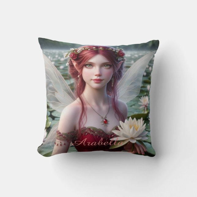 Beautiful July Fairy in Water Lilies Throw Pillow (Front)