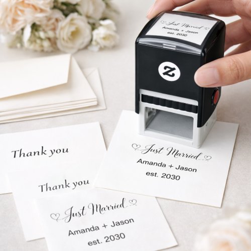 Beautiful Just Married Hearts Black Script Self-inking Stamp
