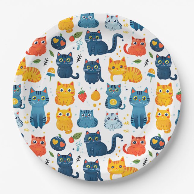  Beautiful kawaii cats, playing with toys white ba Paper Plates (Front)
