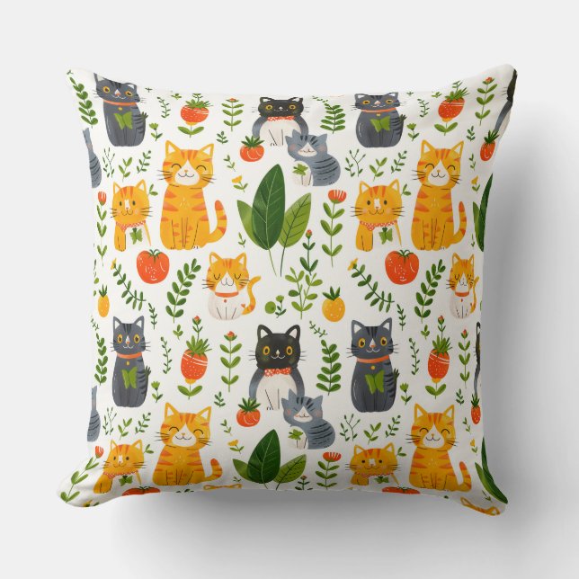  Beautiful kawaii cats, playing with toys white ba Throw Pillow (Front)