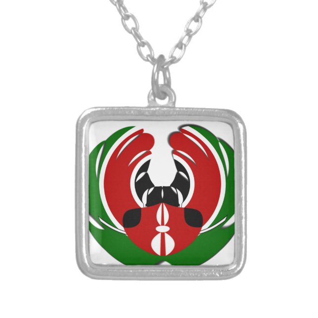 Beautiful Kenya Tapestry: Kenyan Flag Butterfly Mo Silver Plated Necklace (Front)
