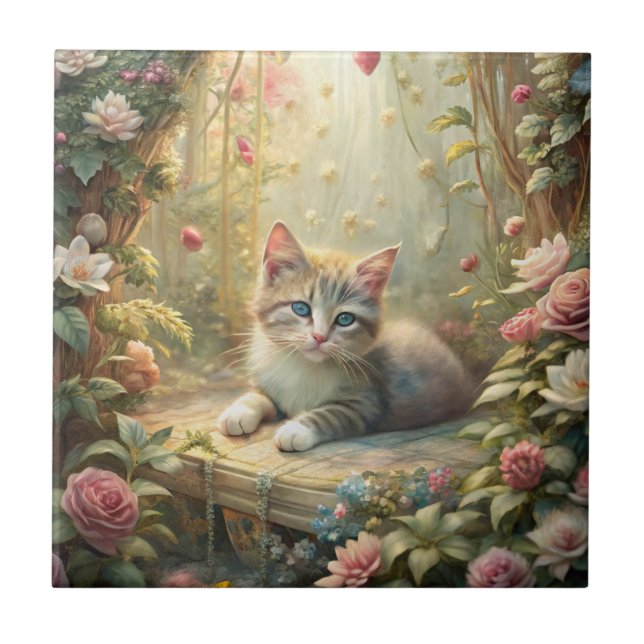 Beautiful Kitten in Rose Garden (Shabby Chic) Ceramic Tile (Front)