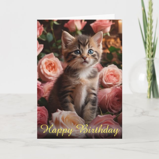 Beautiful Kitten Whiskers and Elegant Pink Roses Card (Front)