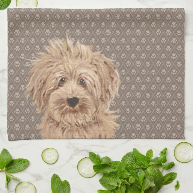 Beautiful Labradoodle Love Dog Paw Painting Beige Kitchen Towel (Folded)