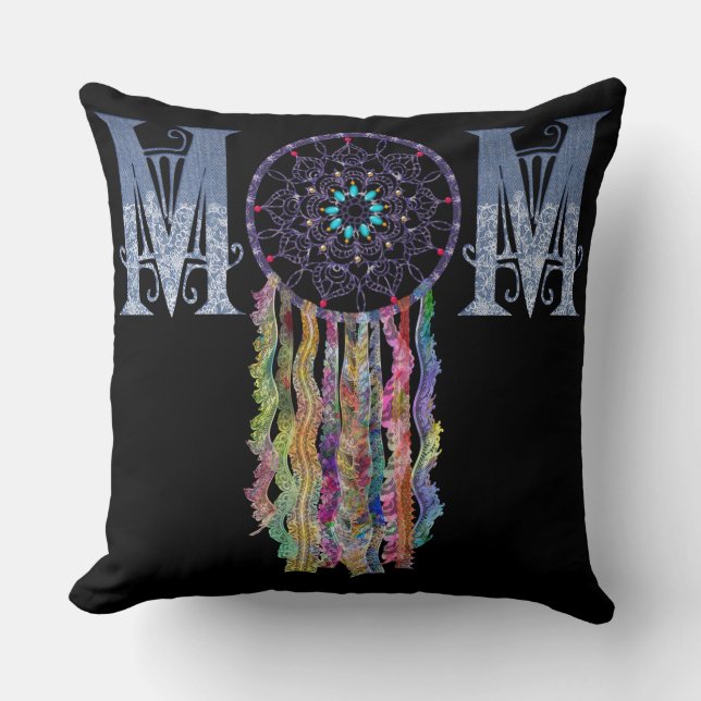 Beautiful Lace and Painted Denim MOM Dreamcatcher Throw Pillow (Front)