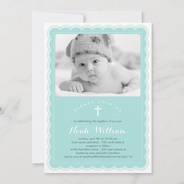 Beautiful Lace Baptism Invitation - Blue (Front)