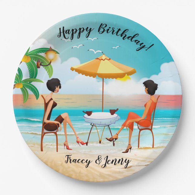 Beautiful Ladies At The Beach Birthday Paper Plates (Front)