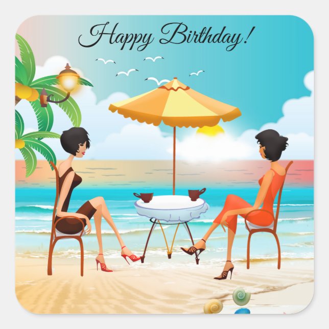 Beautiful Ladies At The Beach Birthday Square Sticker (Front)
