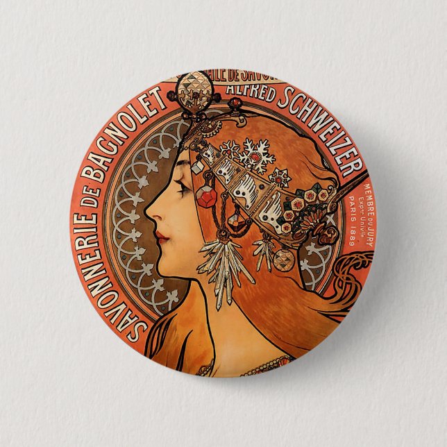 Beautiful ladies profile - Mucha Pinback Button (Front)