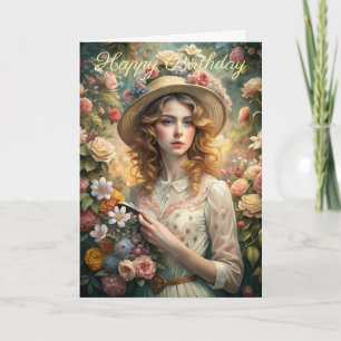 Beautiful Lady and Flowers Birthday Card