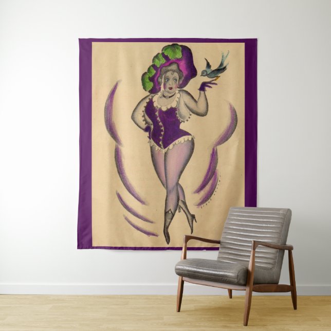 beautiful lady and her trained bird print tapestry (In Situ)