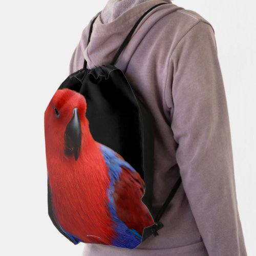 Beautiful Lady in Red Eclectus Parrot Drawstring Bag