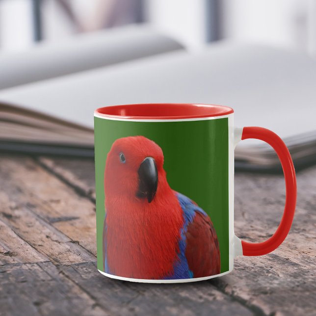 Beautiful "Lady in Red" Eclectus Parrot Mug (Lady in Red Female Eclectus Parrot 11 oz Coffee Mug Cover Photo.)