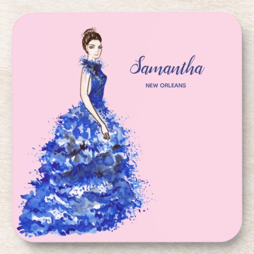 Beautiful Lady with Sparkly Blue Gown Fashion Beverage Coaster
