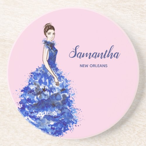 Beautiful Lady with Sparkly Blue Gown Fashion Coaster