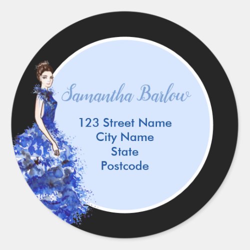 Beautiful Lady with Sparkly Blue Gown Fashion Rect Classic Round Sticker