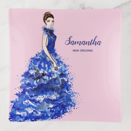 Beautiful Lady with Sparkly Blue Gown Fashion Trinket Tray