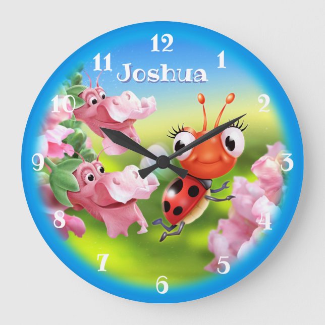 Beautiful Ladybug in the flower garden. Large Clock (Front)