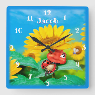 Beautiful Ladybug snoozing on Sunflowers. Square Wall Clock