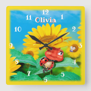 Beautiful Ladybug snoozing on Sunflowers. Square Wall Clock
