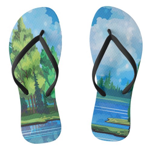 Beautiful lake and  forest Pair of Flip Flops