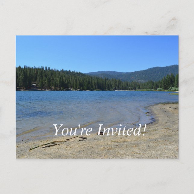 beautiful lake, blue sky, trees graduation party invitation postcard (Front)