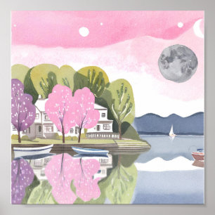 Beautiful Lake By The House With Full Moon Pink Poster