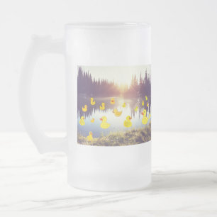 Beautiful lake in the sunrise with plastic dack frosted glass beer mug