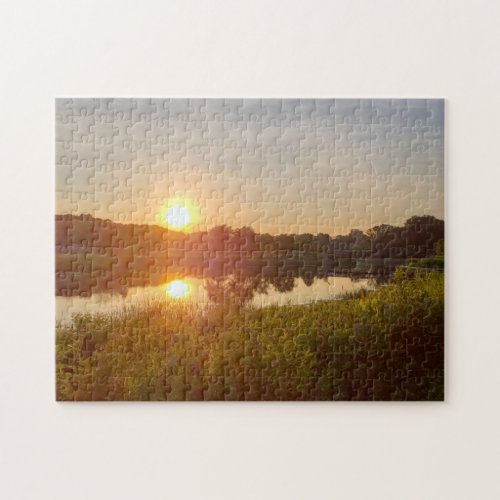 Beautiful Lake Photo Sunset Green Midwest Picture Jigsaw Puzzle
