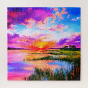 Beautiful Lake Sunset Landscape Painting Puzzle