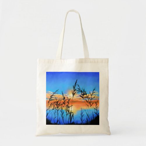 Beautiful Lake Sunset _ Mirror _ Original Painting Tote Bag