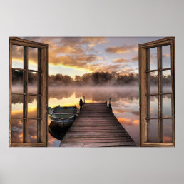 Beautiful Lake Through Window With Boat Horizontal Poster
