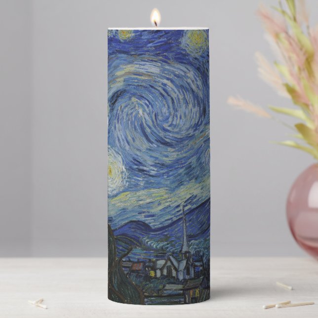 Beautiful Landscape Blue Night Sky Golden Stars Pillar Candle (In Situ)
