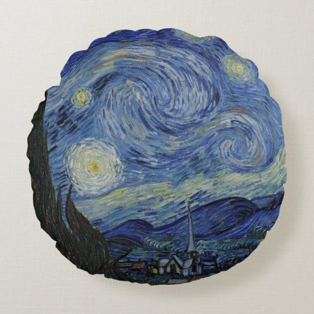 Beautiful Landscape Blue Night Sky Golden Stars Round Pillow (Front)