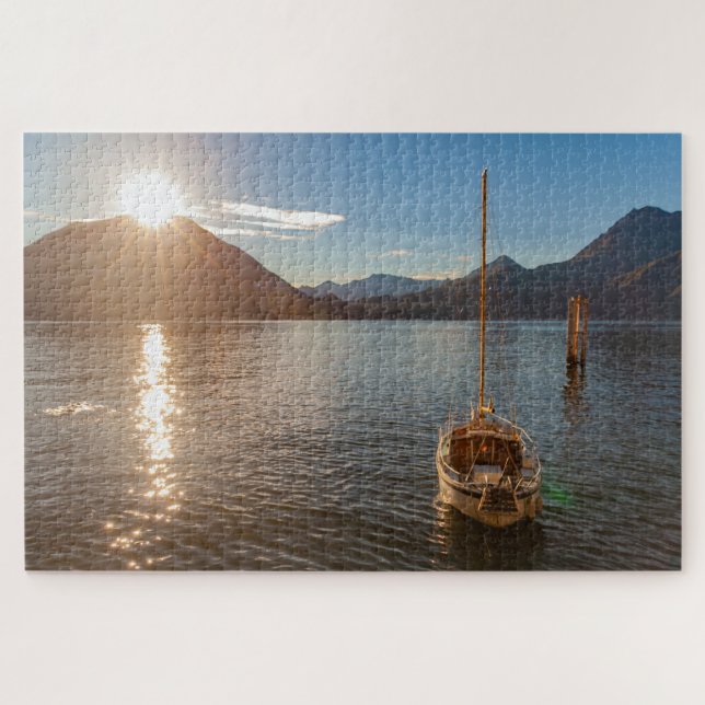 Beautiful landscape of Lake Como with boat, Italy Jigsaw Puzzle (Horizontal)
