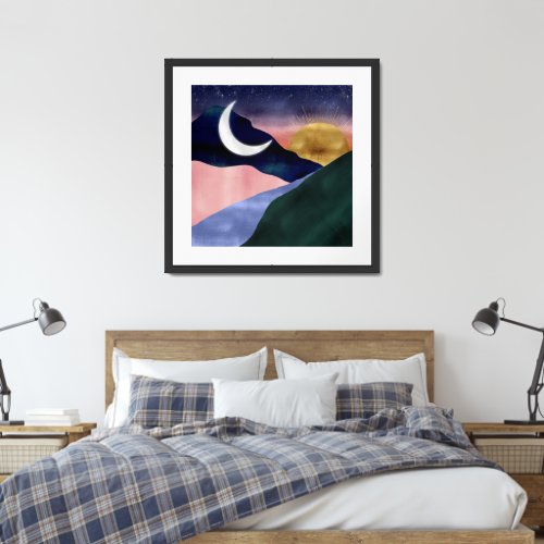 Beautiful Landscape Sunset Sun Moon  Framed Art