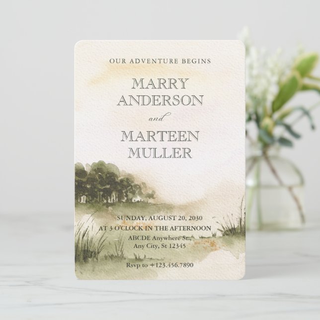 Beautiful landscape watercolor wedding Invitation (Standing Front)