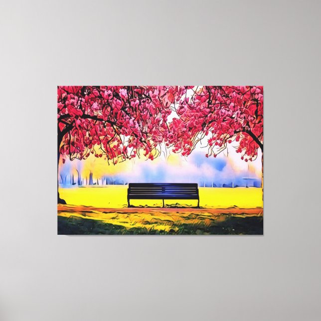 Beautiful landscape with cherry trees and a bench  canvas print (Front)