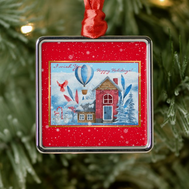 Beautiful Landscape With Snowman Customize Metal Ornament (Tree)