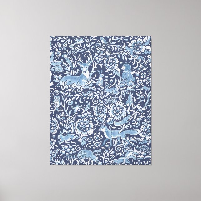 Beautiful Large Blue White Woodland Animal Pattern Canvas Print (Front)