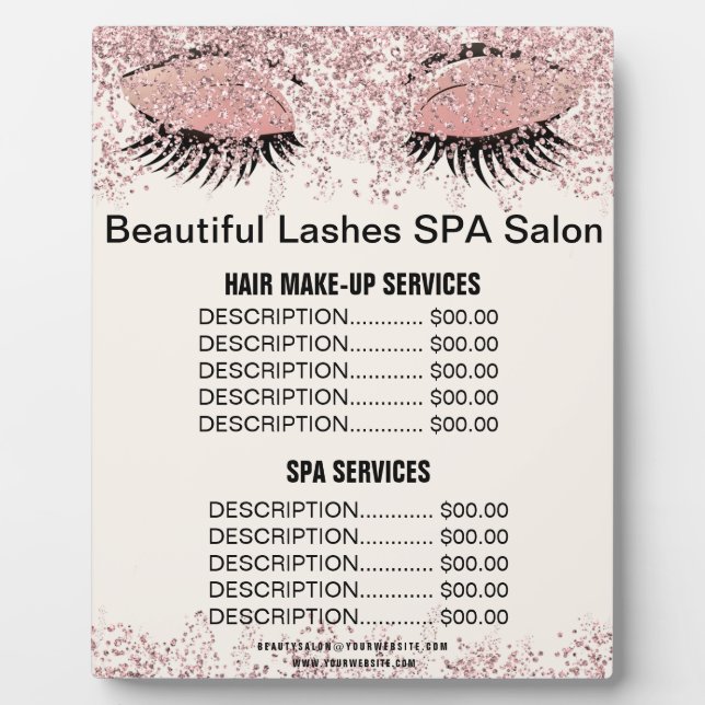 Beautiful Lashes Pink Glitter SPA Salon Price Menu Plaque (Front)