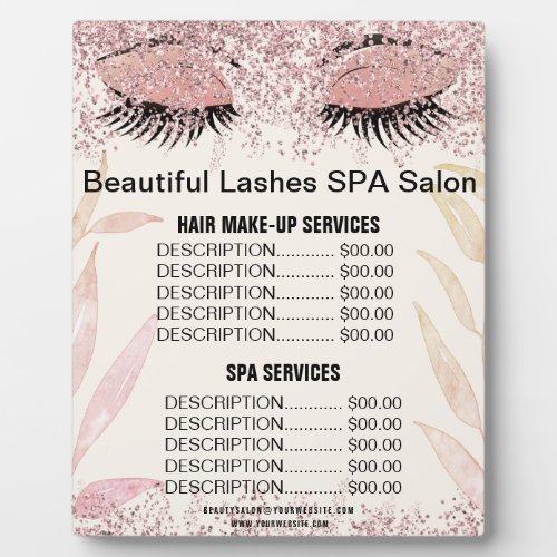 Beautiful Lashes Pink Glitter SPA Salon Price Menu Plaque