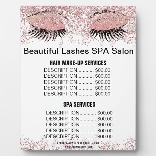Beautiful Lashes Pink Glitter SPA Salon Price Menu Plaque