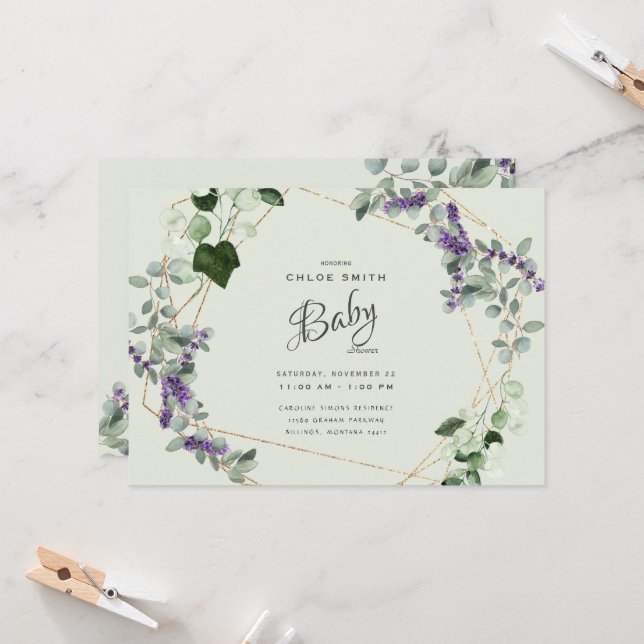 Beautiful Lavender Foliage Baby Shower Invitation (Front/Back In Situ)