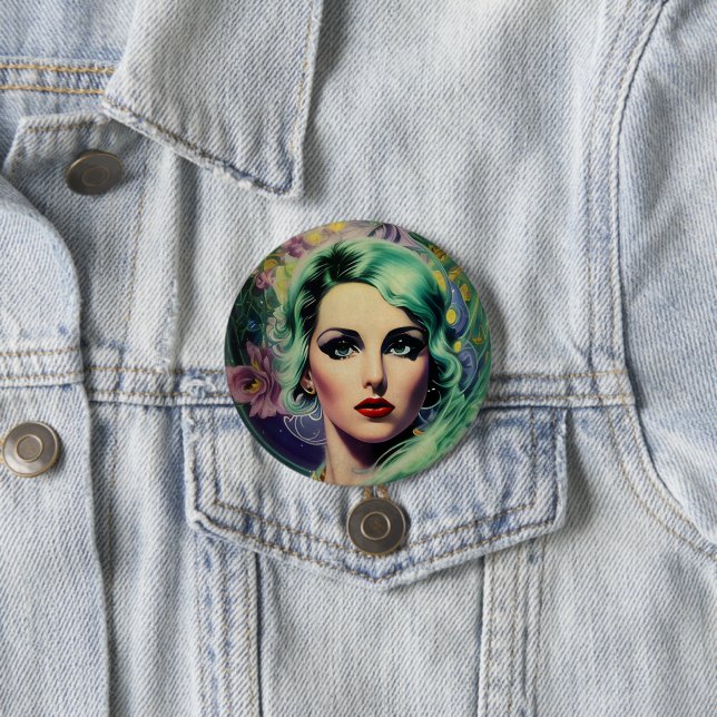 Beautiful Lavender & Green Retro Style Space Woman Button (In Situ)
