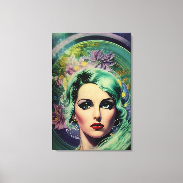 Beautiful Lavender & Green Retro Style Space Woman Canvas Print (Front)