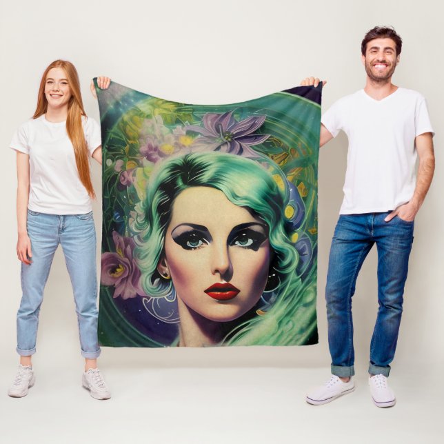 Beautiful Lavender & Green Retro Style Space Woman Fleece Blanket (In Situ)